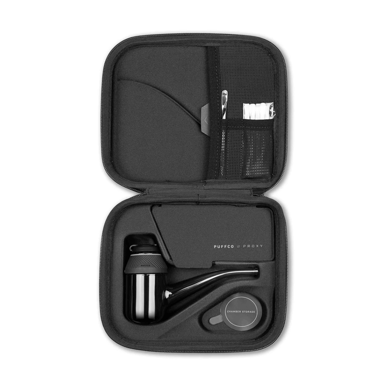 Puffco Proxy herbal vaporizer in portable black carrying case showcasing modular design and accessories for enhanced vaping experience