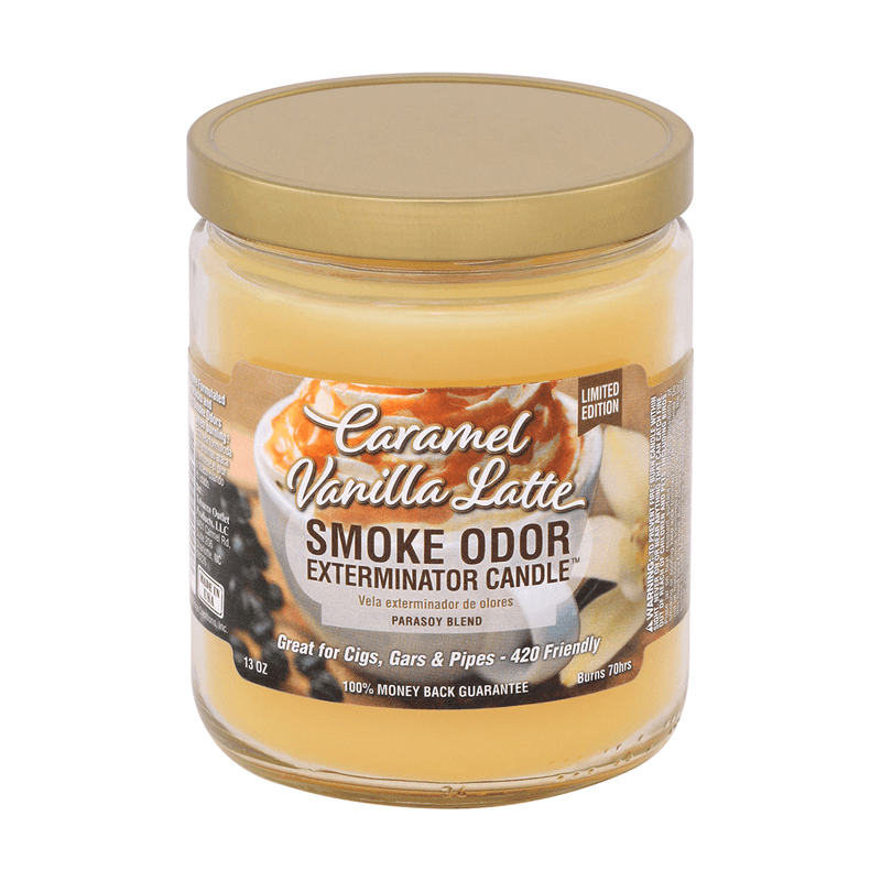 Caramel Vanilla Latte Smoke Odor Exterminator Candle in a jar, perfect for eliminating smoke odors from cigars and pipes.