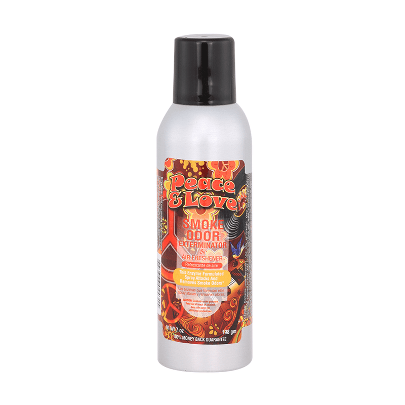 Peace & Love Smoke Odor Exterminator Spray bottle designed to eliminate smoke and household odors effectively.