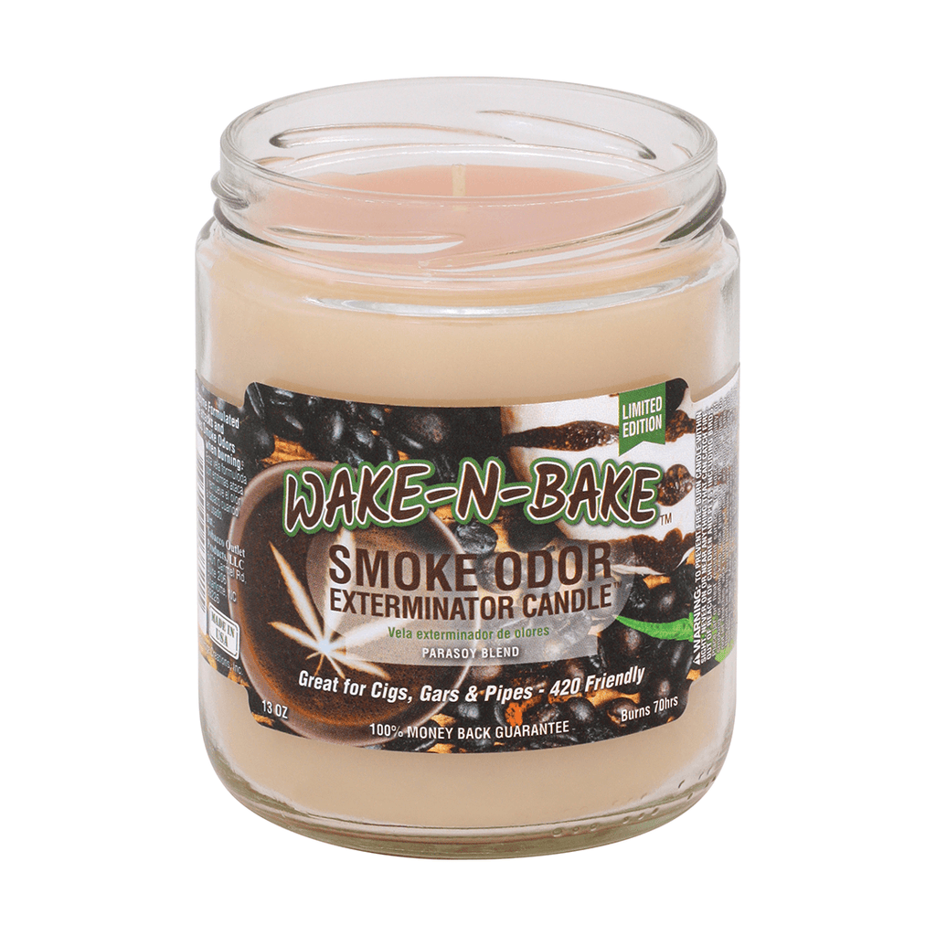 Wake-N-Bake Smoke Odor Exterminator Candle in jar, designed to eliminate smoke odors and fill spaces with fragrance.