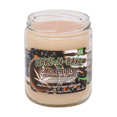 Wake-N-Bake Smoke Odor Exterminator Candle in jar, designed to eliminate smoke odors and fill spaces with fragrance.