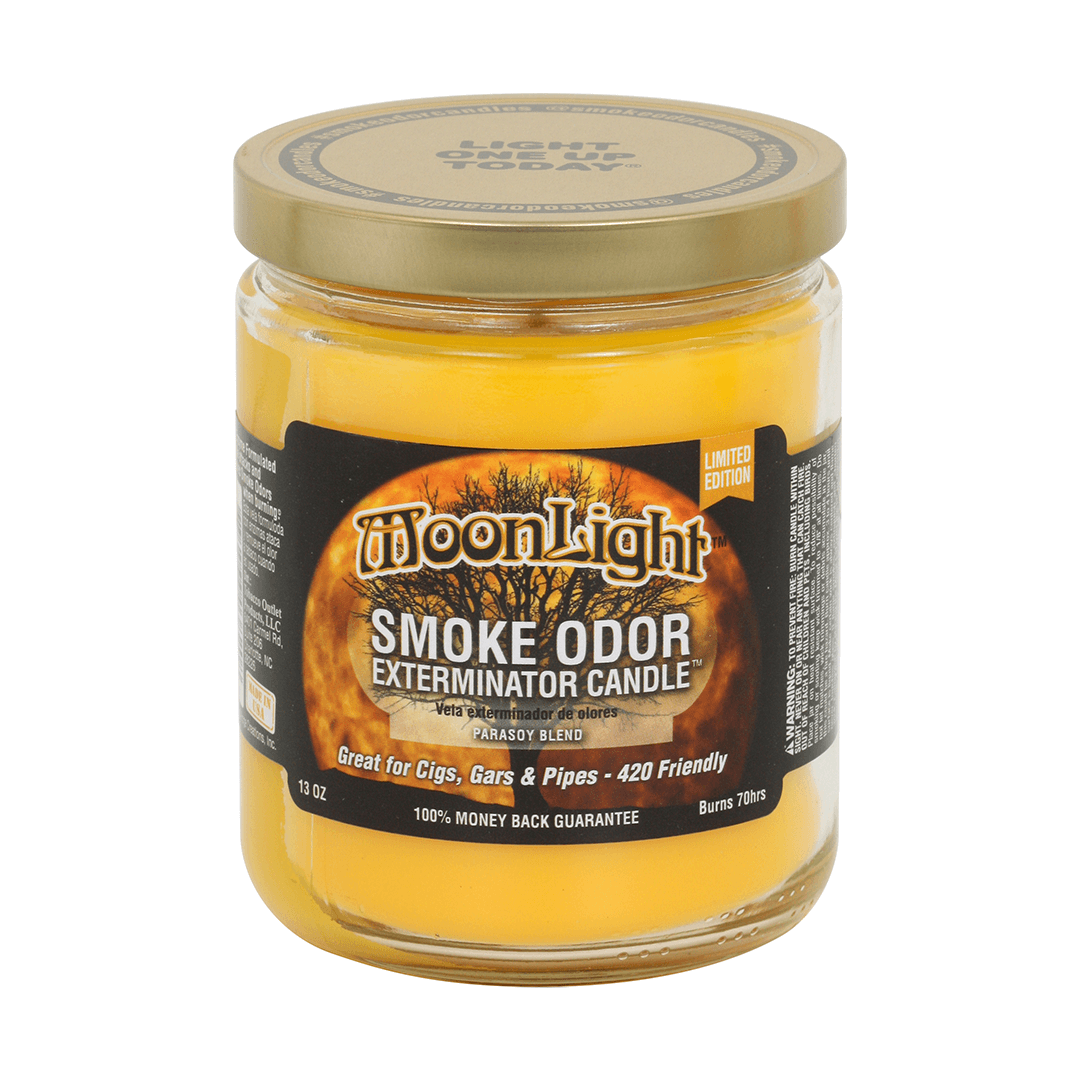 MoonLight Smoke Odor Exterminator Candle in glass jar, designed to neutralize smoke odors from cigars, gars, and pipes.