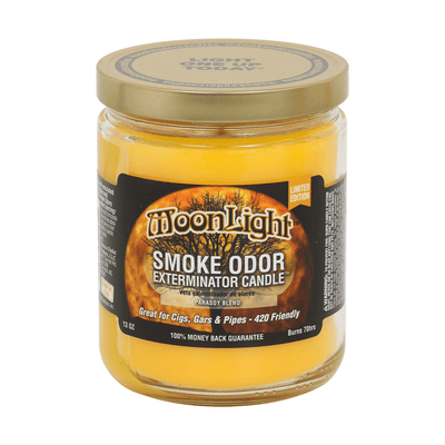 MoonLight Smoke Odor Exterminator Candle in glass jar, designed to neutralize smoke odors from cigars, gars, and pipes.