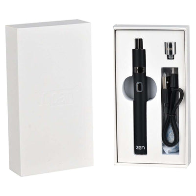 Yocan Zen Wax Vaporizer 650mAh in Black with kit components in box - durable stainless steel design with variable voltage settings