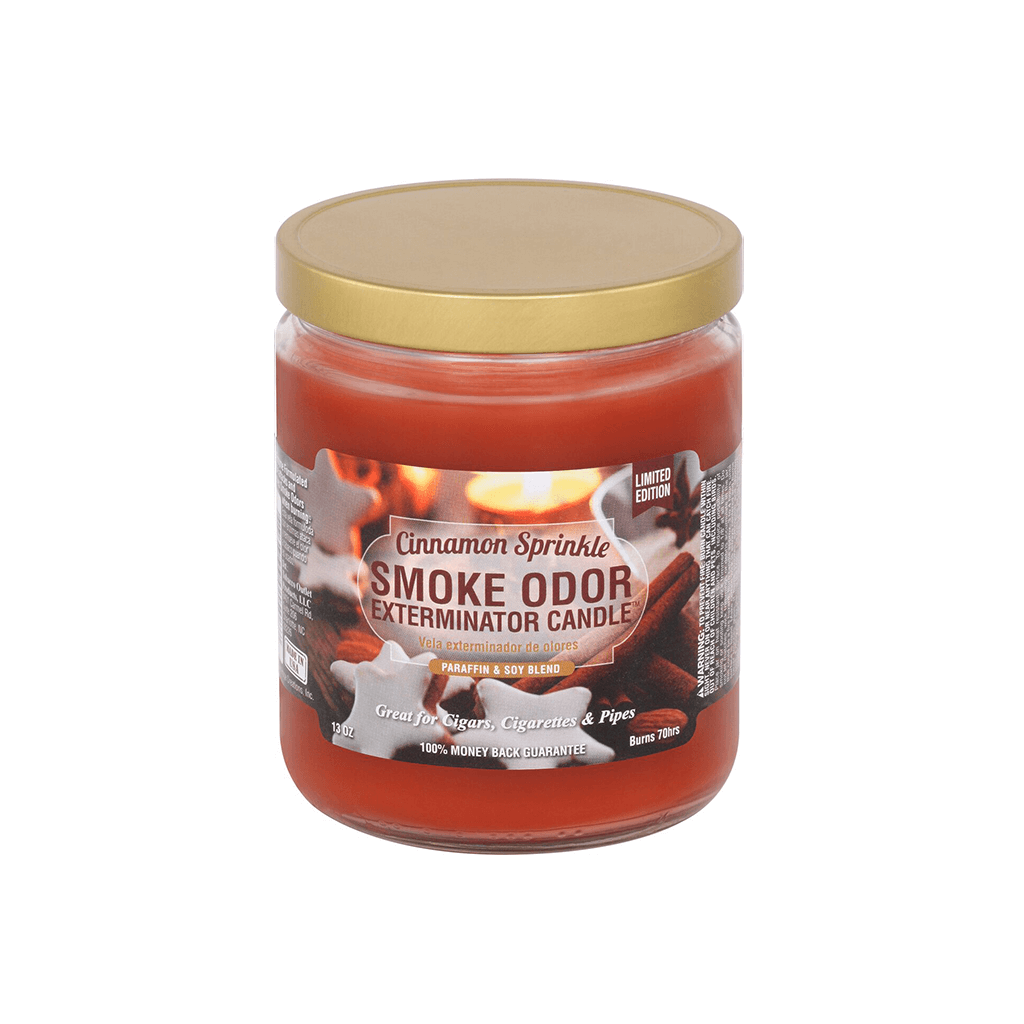 Smoke Odor Exterminator candle in a jar with cinnamon sprinkle scent for eliminating smoke odors.