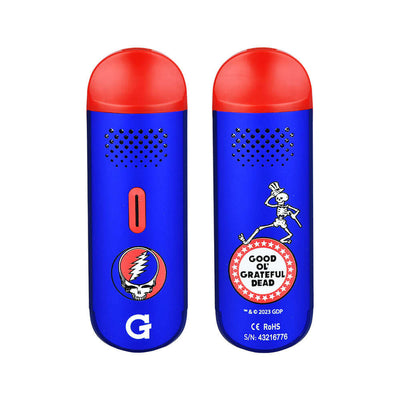 Grateful Dead x G Pen Dash Dry Herb Vaporizer in blue and red with logos, 900mAh battery, lightweight aluminum body.