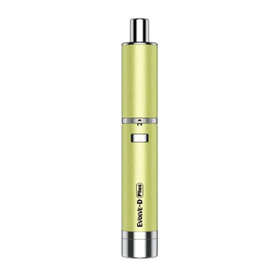 Yocan Evolve-D Plus Dry Herb Pen Vaporizer in lime green color with 1100mAh battery, dual-coil spiral atomizer, and built-in storage jar