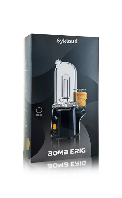 BOMB ERIG Sykloud - Portable Electric Dab Rig - Black product packaging with transparent chamber and fidget spinner carb cap.