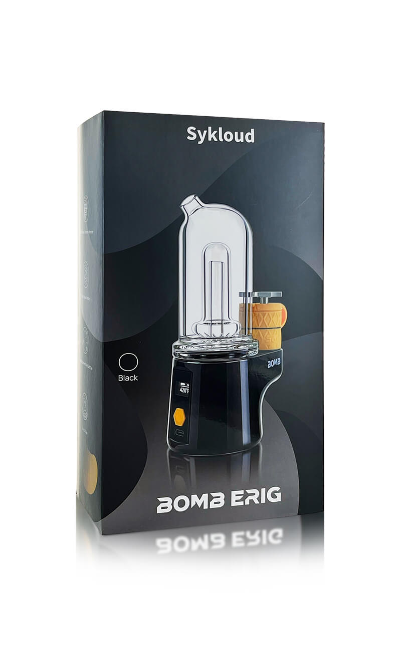 BOMB ERIG Sykloud - Portable Electric Dab Rig - Black product packaging with transparent chamber and fidget spinner carb cap.