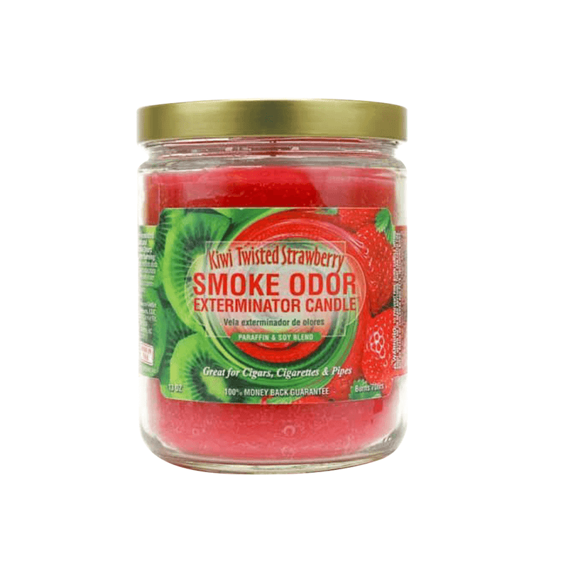Kiwi Twisted Strawberry Smoke Odor Exterminator Candle in jar, ideal for eliminating smoke odors from cigars and pipes.