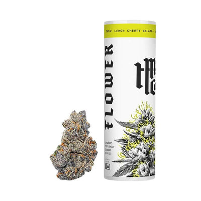 Modern Herb Co THCA Flower packaging with Lemon Cherry Gelato strain and a flower bud on white background.