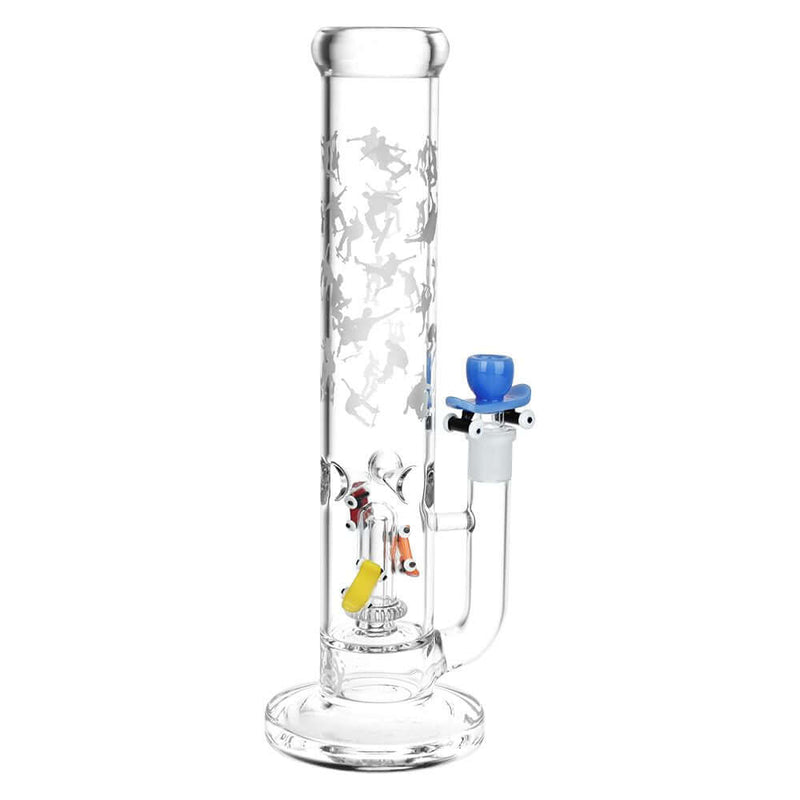 Pulsar Skate or Die 12.5" glass water pipe with skateboard downstem and percolator, featuring skate tricks decal design.