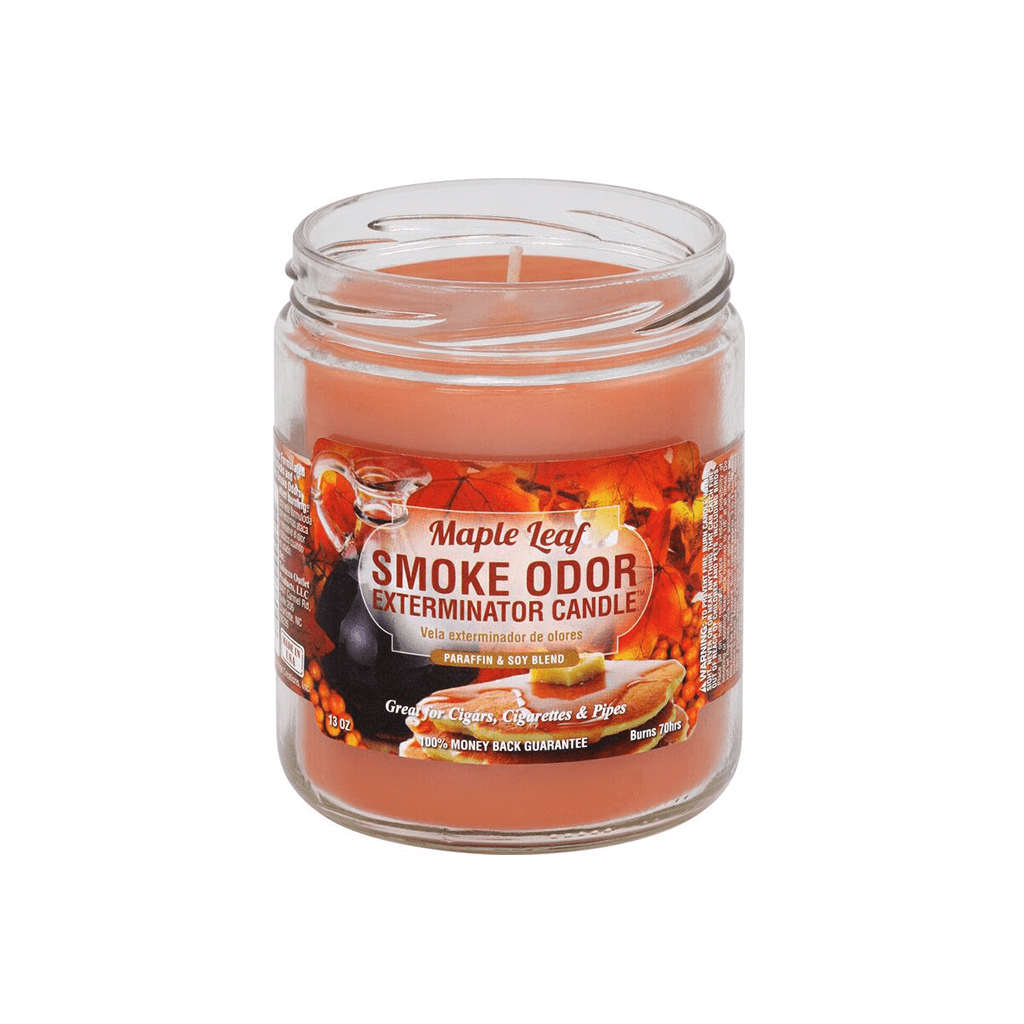 Maple Leaf Smoke Odor Exterminator Candle in glass jar, paraffin and soy blend, eliminates smoke odors.