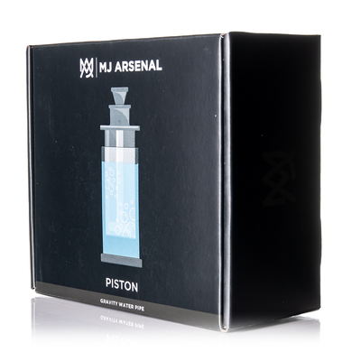 MJ Arsenal Piston Gravity Bong box showcasing the unique piston design and gravity water pipe features.