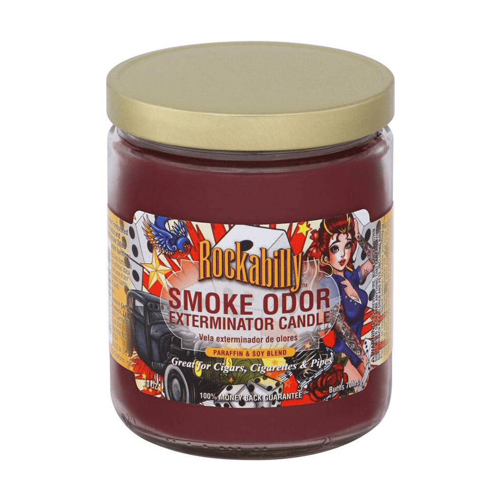 Rockabilly Smoke Odor Exterminator Candle in jar, paraffin and soy blend, neutralizes smoke odors from cigars and cigarettes.