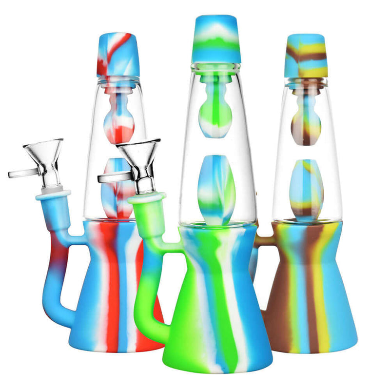 Colorful 8-inch lava lamp silicone and glass water pipes with 14mm male glass herb slides.