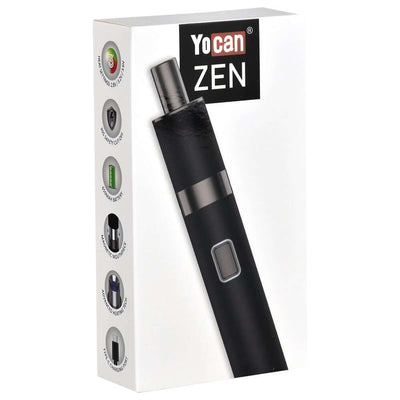 Yocan Zen Wax Vaporizer in Black with 650mAh battery, variable voltage, and durable stainless steel housing, displayed on white packaging box.