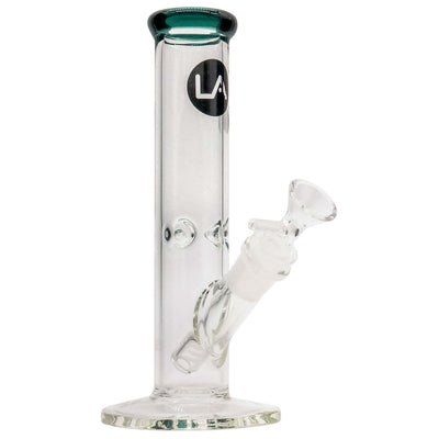 LA Pipes Straight Shooter Bong, 8" clear glass with colorful mouthpiece, handmade in Los Angeles.