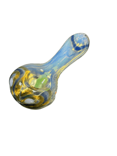 3.5-inch blue and yellow glass hand pipe with unique swirl design, perfect for smoking.