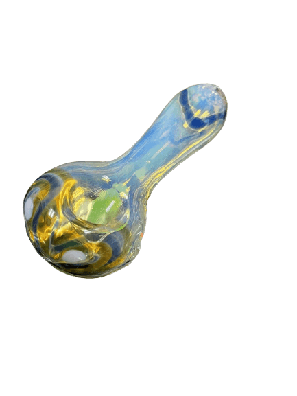 3.5-inch blue and yellow glass hand pipe with unique swirl design, perfect for smoking.