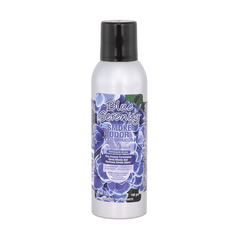 Blue Serenity Smoke Odor Spray bottle for eliminating smoke and pet odors quickly and effectively.