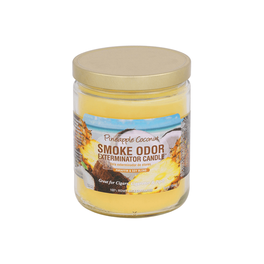 Pineapple Coconut Smoke Odor Exterminator Candle in a jar, perfect for eliminating cigarette and cigar odors.