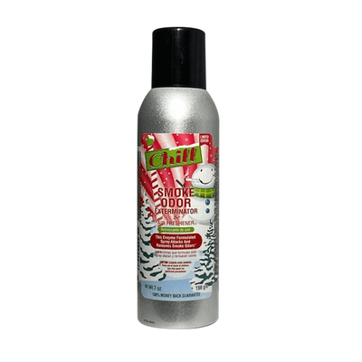 Chill Smoke Odor Spray in a silver can, effective for eliminating smoke and pet odors instantly.