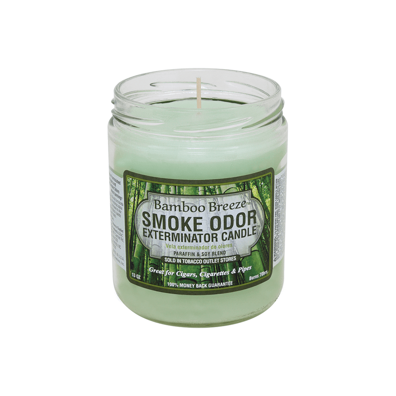 Bamboo Breeze Smoke Odor Exterminator candle in jar neutralizes smoke odors with a blend of paraffin and soy wax.