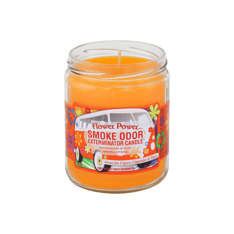 Flower Power Smoke Odor Exterminator candle in a glass jar, perfect for eliminating smoke odors from cigars and cigarettes.