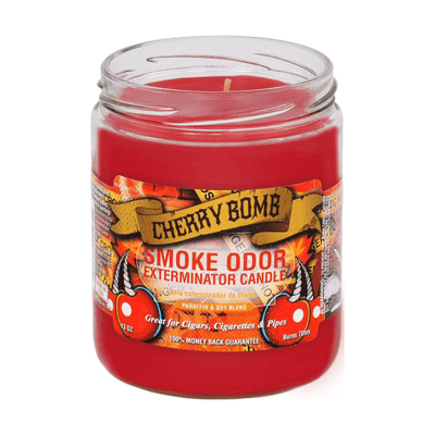 Smoke Odor Exterminator candle in Cherry Bomb scent, designed to neutralize smoke odors for cigars, cigarettes, and pipes.