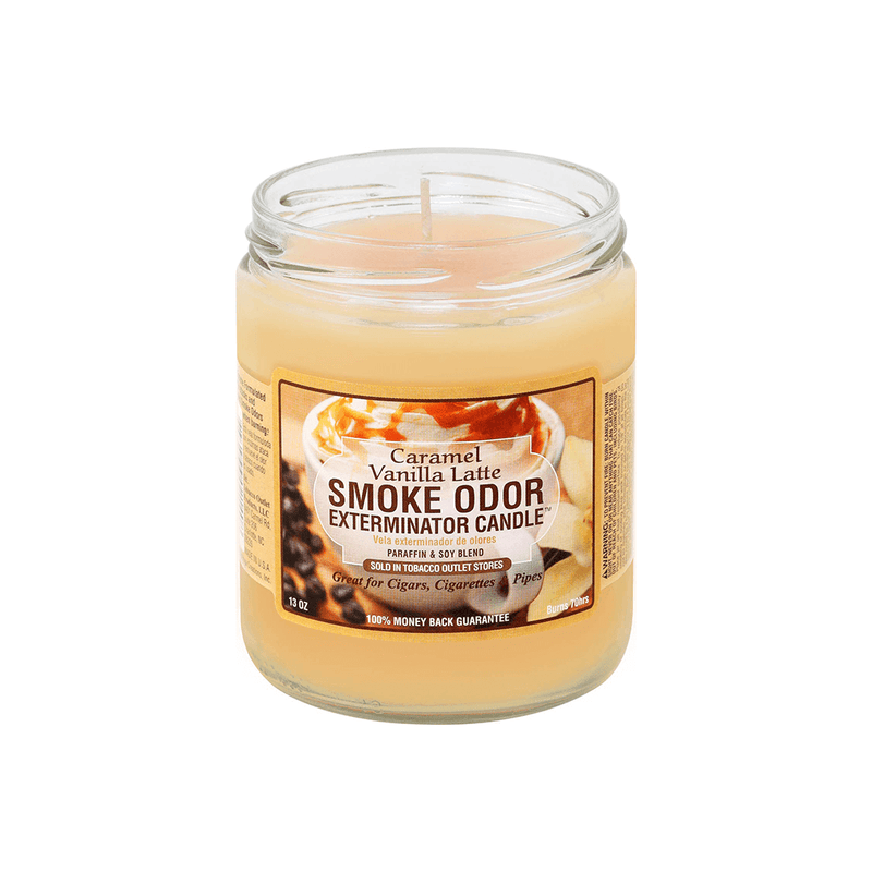 Caramel Vanilla Latte Smoke Odor Exterminator Candle in a glass jar, designed to neutralize smoke odors.