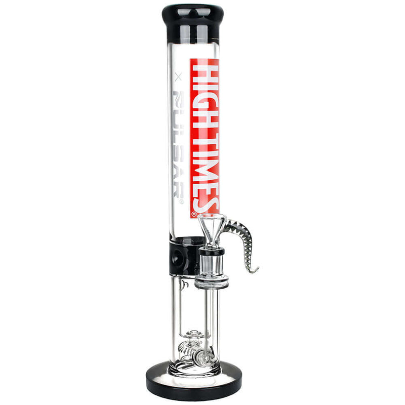 High Times x Pulsar Logo Straight Tube Recycler Water Pipe with sleek 14mm design, 14.75 inches tall for efficient smoking experience