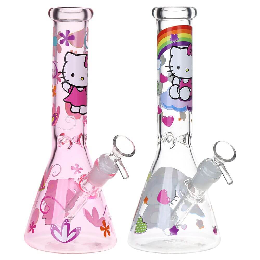 Greetings Feline Glass Beaker Water Pipe | 10" | 14mm F | Designs Vary featuring colorful Hello Kitty designs.