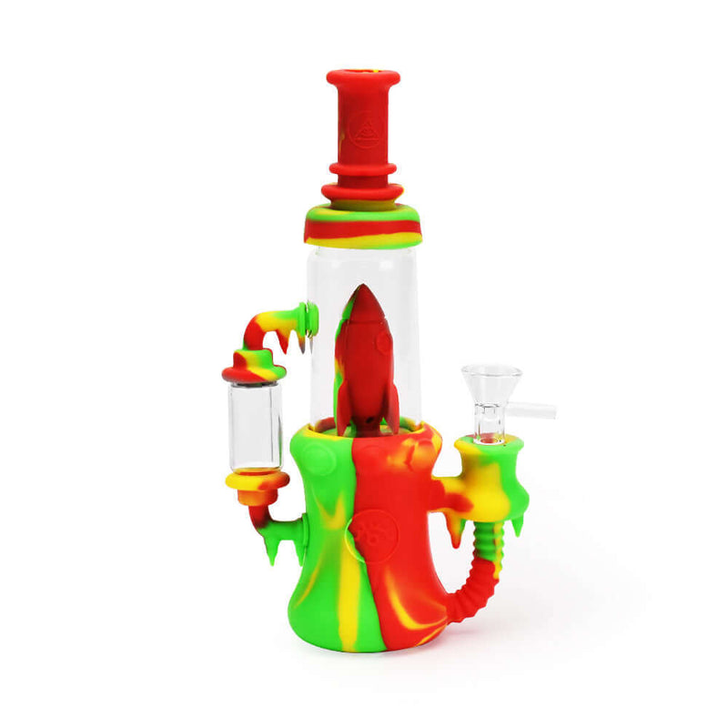 Ritual 8.5" silicone rocket recycler in vibrant rasta colors with rocket ship perc for smoking herbs or concentrates.