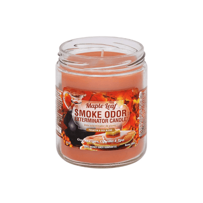 Maple Leaf Smoke Odor Exterminator candle in jar, paraffin and soy blend for neutralizing smoke odors.