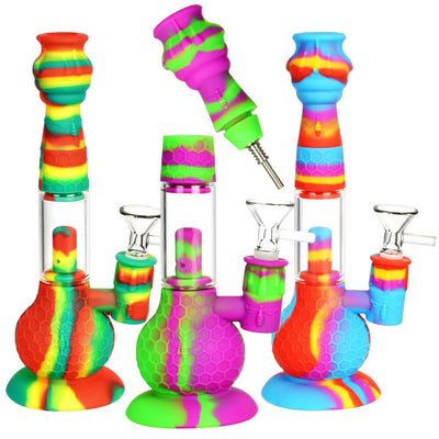 Honey Bee 2 in 1 Water Pipe/Dab Straw in various colors, featuring a 9-inch tall water pipe and 3.5-inch dab straw with 14mm female slide joint