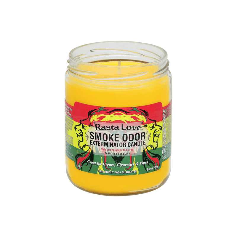 Smoke Odor Exterminator candle in glass jar, designed for neutralizing smoke odors from cigars, cigarettes, and pipes.