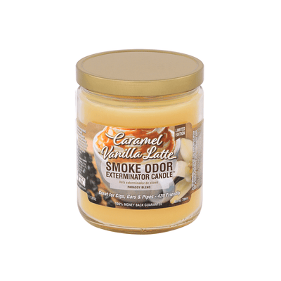 Caramel Vanilla Latte Smoke Odor Exterminator Candle in 13 oz jar for eliminating smoke odors.