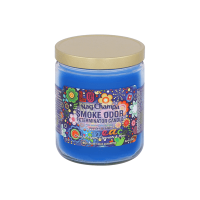 Nag Champa Smoke Odor Exterminator Candle, blue paraffin/soy wax blend for neutralizing smoke odors.