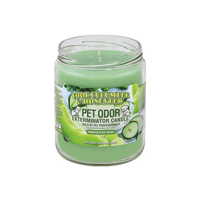 Cool Cucumber & Honeydew Pet Odor Exterminator Candle in glass jar, neutralizes odors with soothing fragrances.
