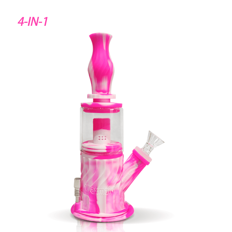 Waxmaid 4 in 1 Double Percolator Water Pipe in pink and white Platinum Cured Silicone with glass percolator for smooth smoking