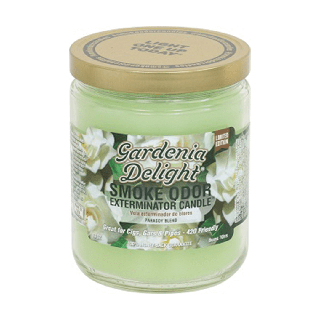 Gardenia Delight Smoke Odor Exterminator Candle with a fresh green wax, perfect for neutralizing smoke odors in homes.