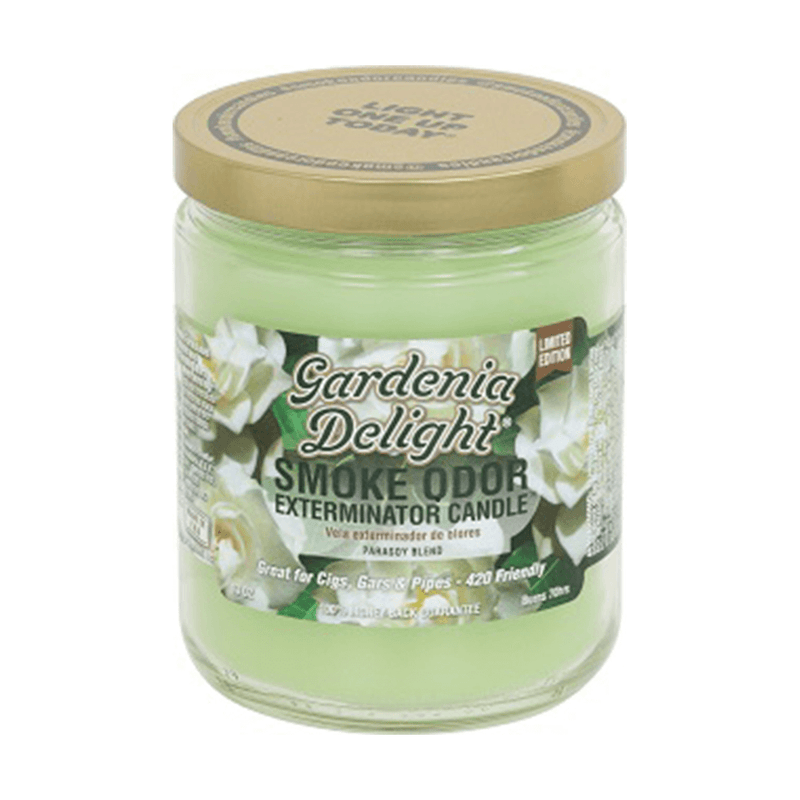 Gardenia Delight Smoke Odor Exterminator Candle with a fresh green wax, perfect for neutralizing smoke odors in homes.