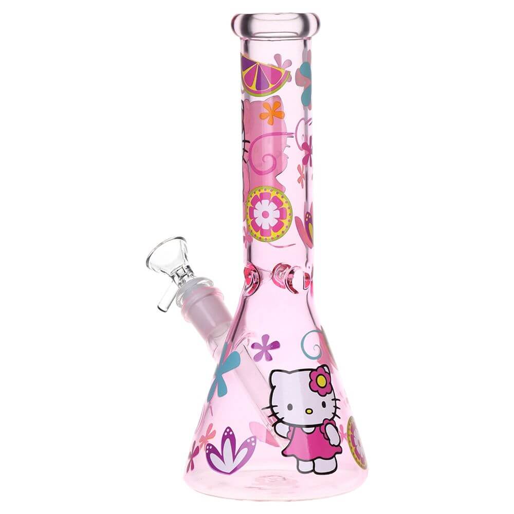 Greetings Feline Glass Beaker Water Pipe | 10" | 14mm F | Designs Vary - pink beaker with floral designs.