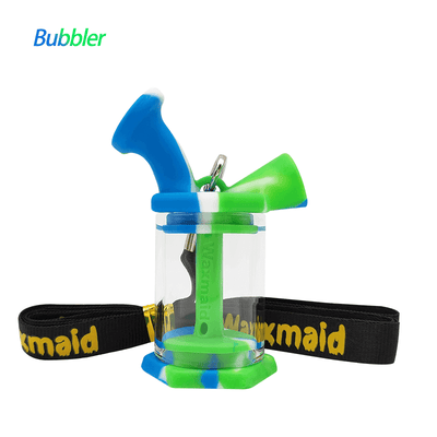 Waxmaid 3″ silicone glass mini bubbler in blue and green with a black strap, highlighting its durability and portability.