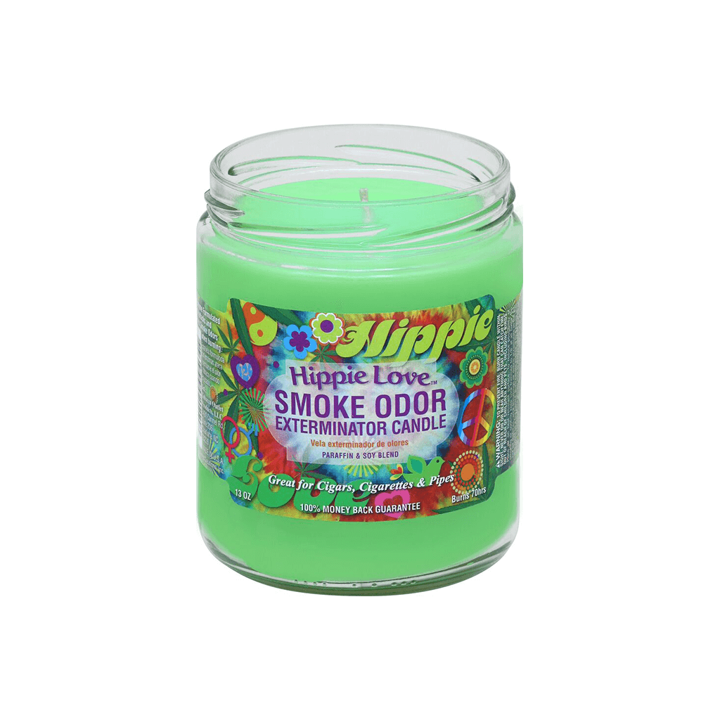 Hippie Love Smoke Odor Exterminator candle in green jar, ideal for removing smoke odors from cigars, cigarettes, and pipes.