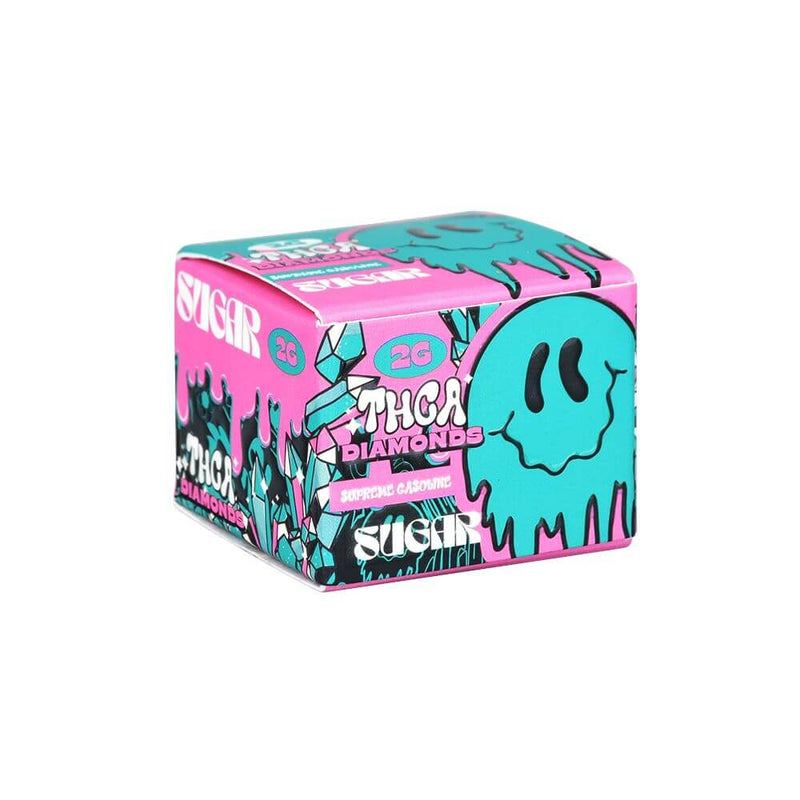 Colorful packaging of Sugar THCA Diamonds 2g container with vibrant design and branding.