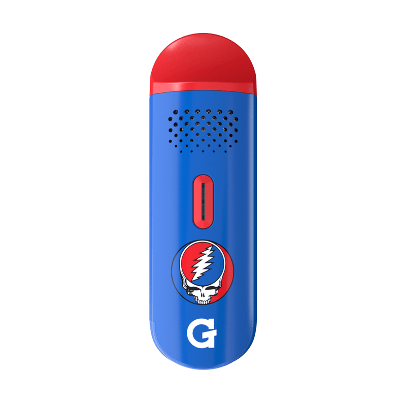 GPEN Dash Vaporizer front view in blue and red with Grenco Science logo and customizable temperature settings