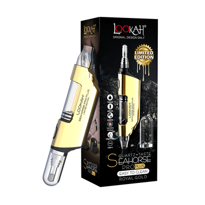 Lookah Seahorse Pro Plus vaporizer in royal gold with packaging, highlighting limited edition features and easy-to-clean design.