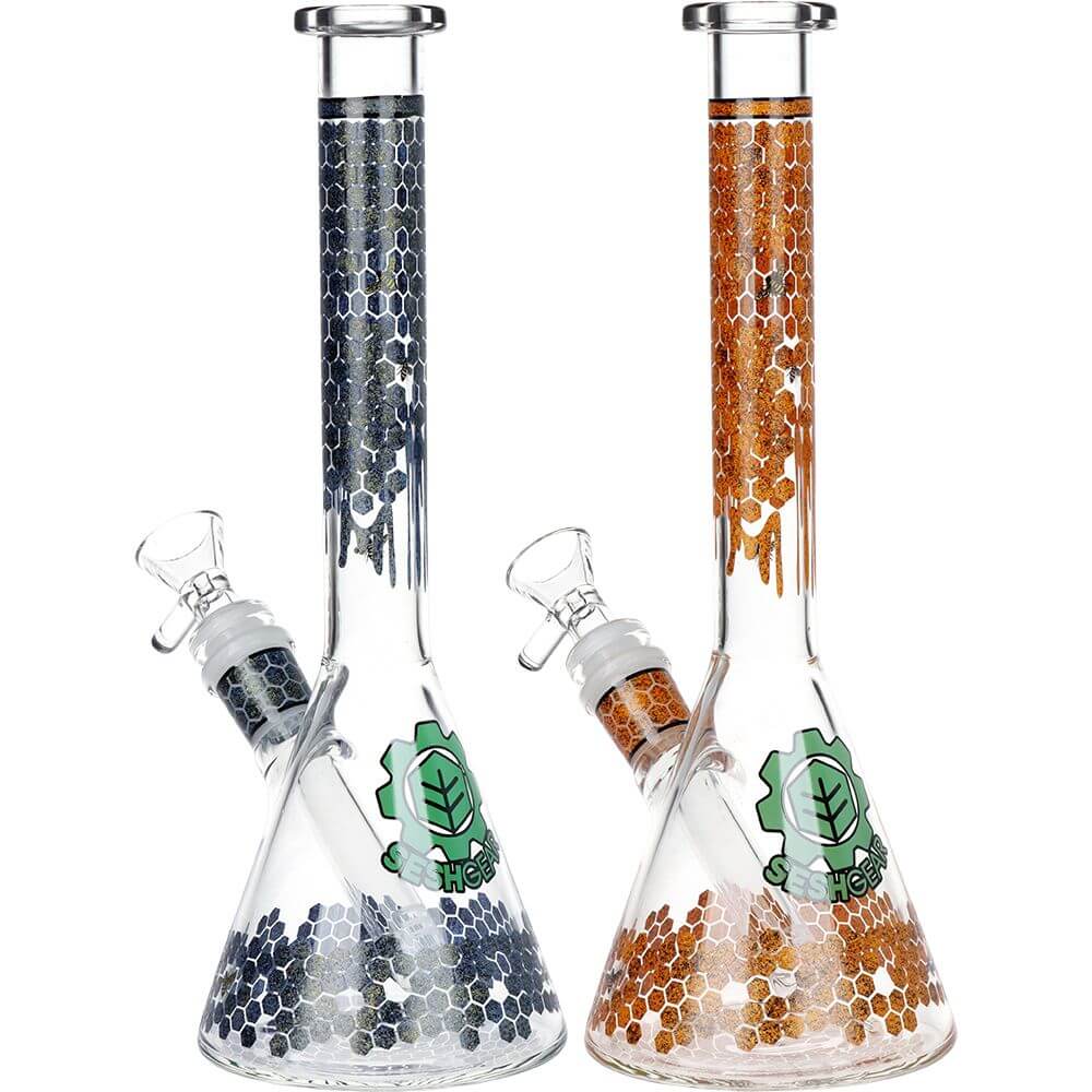 SeshGear Honeycomb Beaker Glass Water Pipe - 9.75" / 14mm F / Colors Vary showcasing two stylish water pipes.